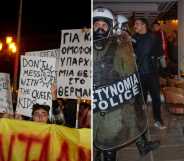 People holding up banners in Greek and two Greek police officers