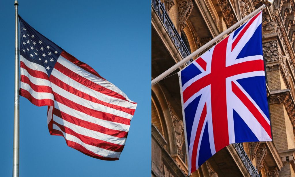 This is an image of the American flag next to the United Kingdom Union Jack flag. They are two separate images.