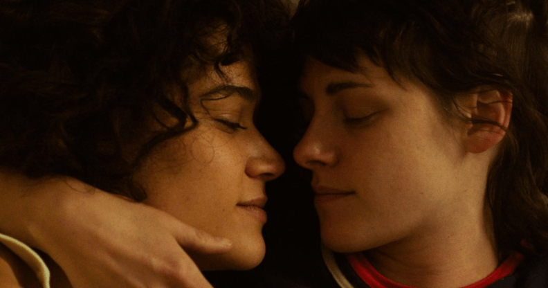 Kristen Stewart (right) has spoken about intimate scenes in Love Lies Bleeding (A24)