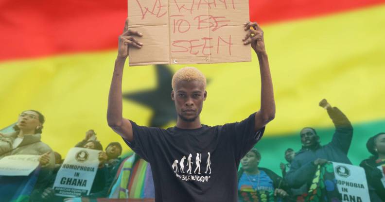 A graphic composed of the red, yellow and green flag of Ghana; people protesting against an anti-LGBTQ+ bill proposed by Ghanaian lawmakers; and a Ghanaian queer activist holding up a sign reading 'We want to be seen'