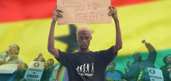 A graphic composed of the red, yellow and green flag of Ghana; people protesting against an anti-LGBTQ+ bill proposed by Ghanaian lawmakers; and a Ghanaian queer activist holding up a sign reading 'We want to be seen'