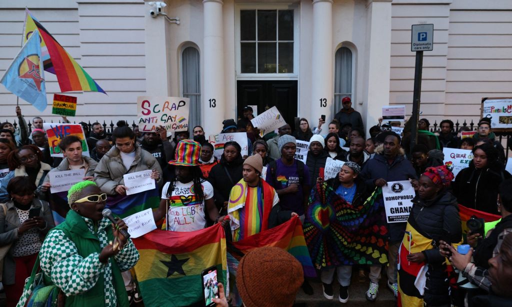Dozens of LGBTQ+ people and allies gathered outside the Ghana High Commission in London to protest against an anti-LGBTQ+ bill passed by the African country's parliament