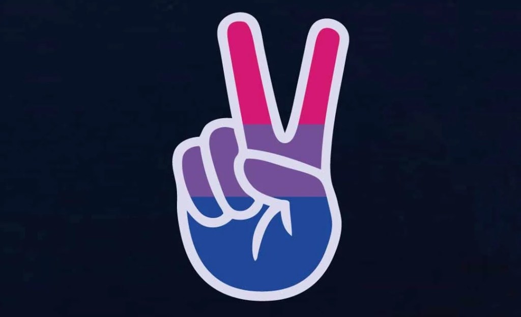 A peace sign illustration with the bisexual flag colours