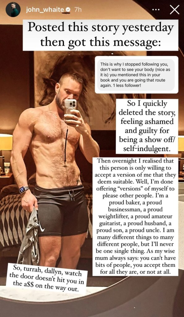 John Whaite received a complaint from a fan following posting a topless gym photo on Instagram.