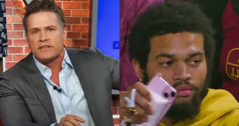 Composite photo showing NFL Network host Kyle Brandt on the left and Caleb Williams holding a pink phone on the right.