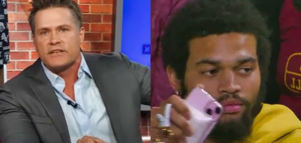 Composite photo showing NFL Network host Kyle Brandt on the left and Caleb Williams holding a pink phone on the right.