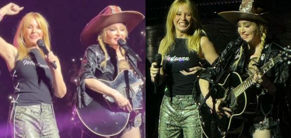 Kylie Minogue and Madonna perform on stage.
