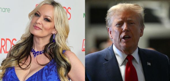 Side by side images of bisexual adult film star Stormy Daniels wearing a glittery blue dress and former president Donald Trump
