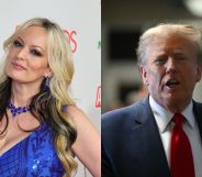 Side by side images of bisexual adult film star Stormy Daniels wearing a glittery blue dress and former president Donald Trump