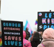 Trans people and allies hold up signs calling for protections for gender-affirming healthcare (including puberty blockers), trans youth and trans inclusion in sports during protest
