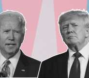 Black and white images of Trump and Biden in front of a trans flag