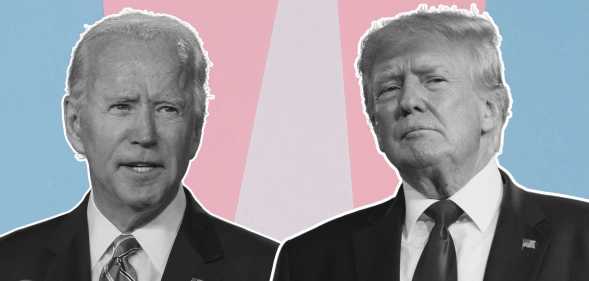 Black and white images of Trump and Biden in front of a trans flag