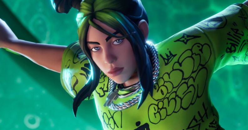 A virtual screenshot of Billie Eilish's playable character in Fortnite.