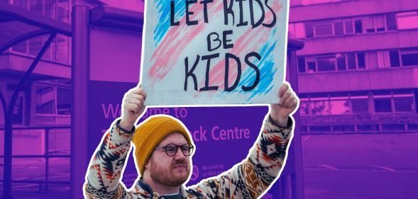 An edited image of a person holding a sign that reads 'let kids be kids' infront of an image of the Tavistock Centre sign.