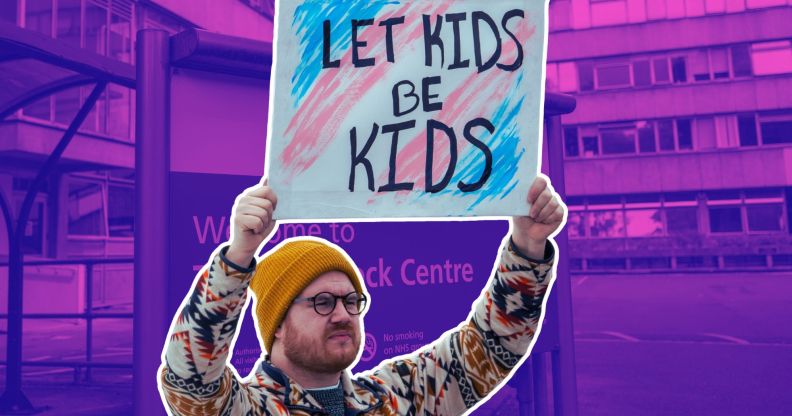 An edited image of a person holding a sign that reads 'let kids be kids' infront of an image of the Tavistock Centre sign.