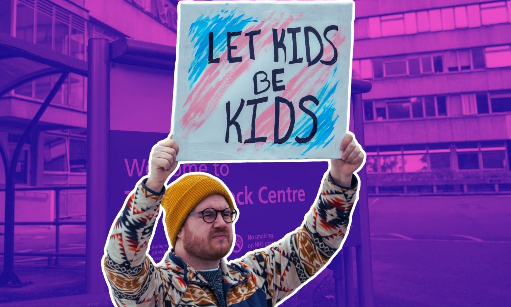 An edited image of a person holding a sign that reads 'let kids be kids' infront of an image of the Tavistock Centre sign.