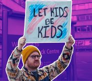 An edited image of a person holding a sign that reads 'let kids be kids' infront of an image of the Tavistock Centre sign.