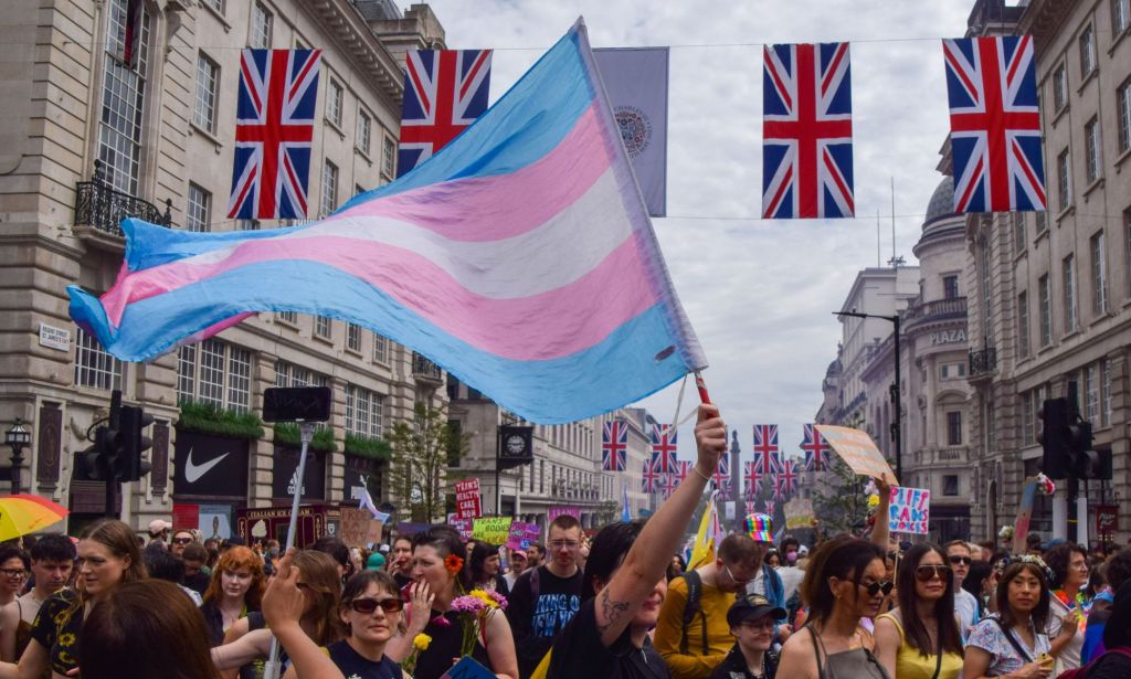 A person waves a trans flag during a Prid eprotest.