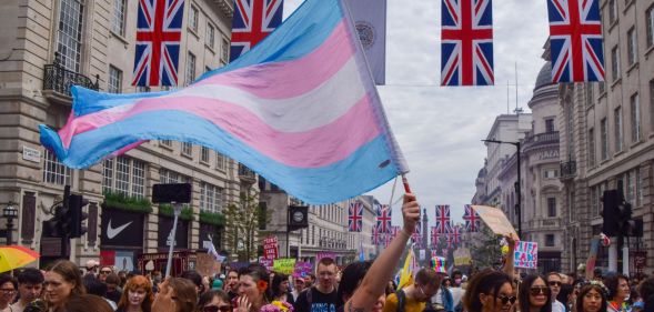 A person waves a trans flag during a Prid eprotest.