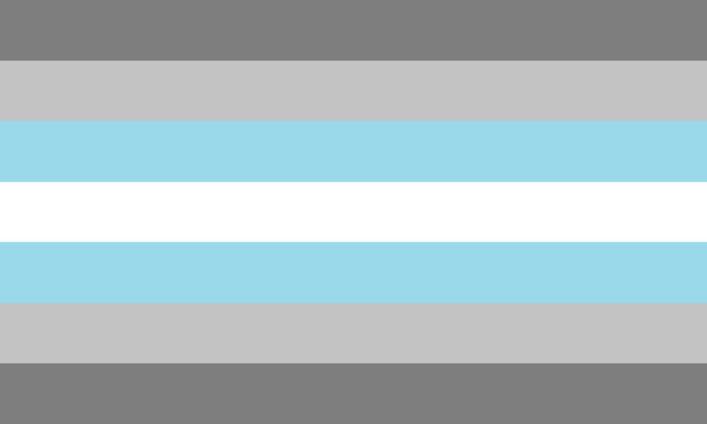 The demiboy flag has 7 stripes: the colours are grey, light grey, pastel blue, white, pastel blue, light grey and grey.