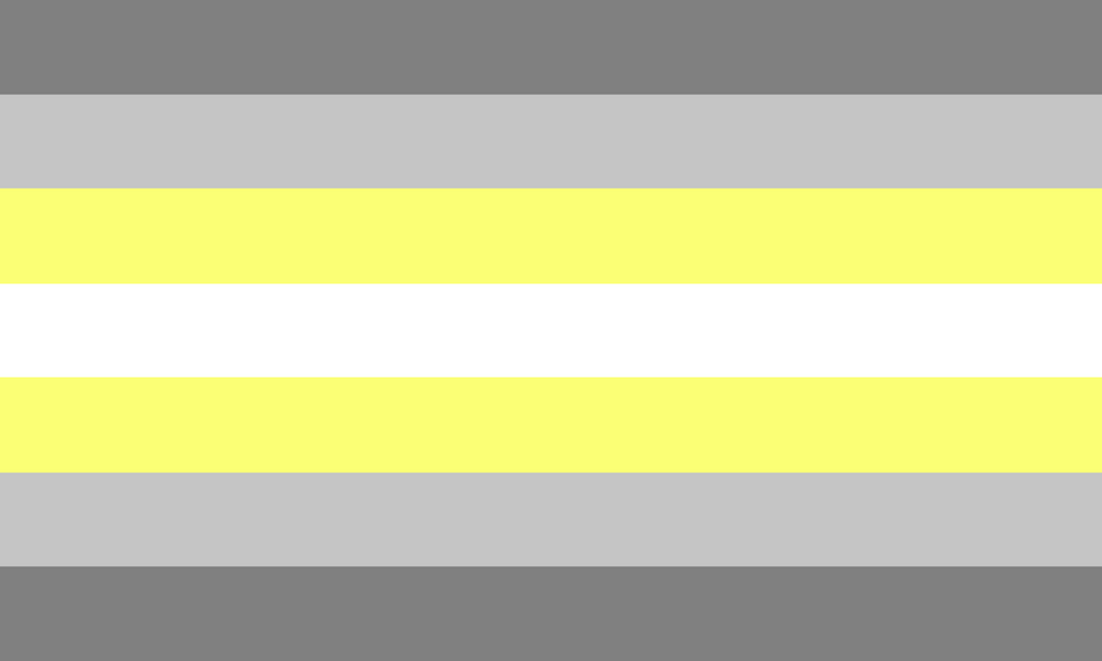 The demigender pride flag has seven stripes: two outer stripes in grey, two in lighter grey, and two in yellow with one white stripe in the centre.