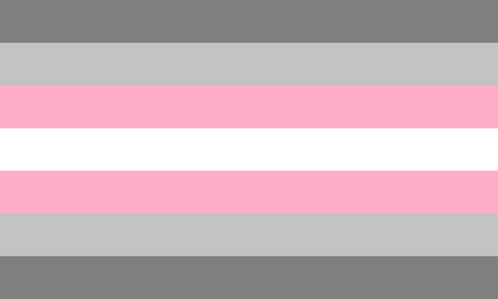The demigirl flag: 7 stripes, dark grey, light grey, light pink, white, light pink, light grey, and dark grey.