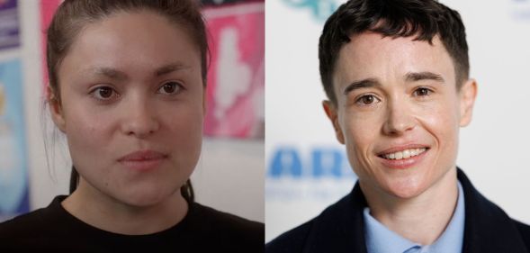 Devery Jacobs as Riley in the trailer for new film Backspot (left) and executive producer Elliot Page.