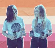 This is a creative image of two women superimposed over the lesbian pride flag. The have a blue tint effect and white outline. They are both holding two cans of beer and are smiling at each other