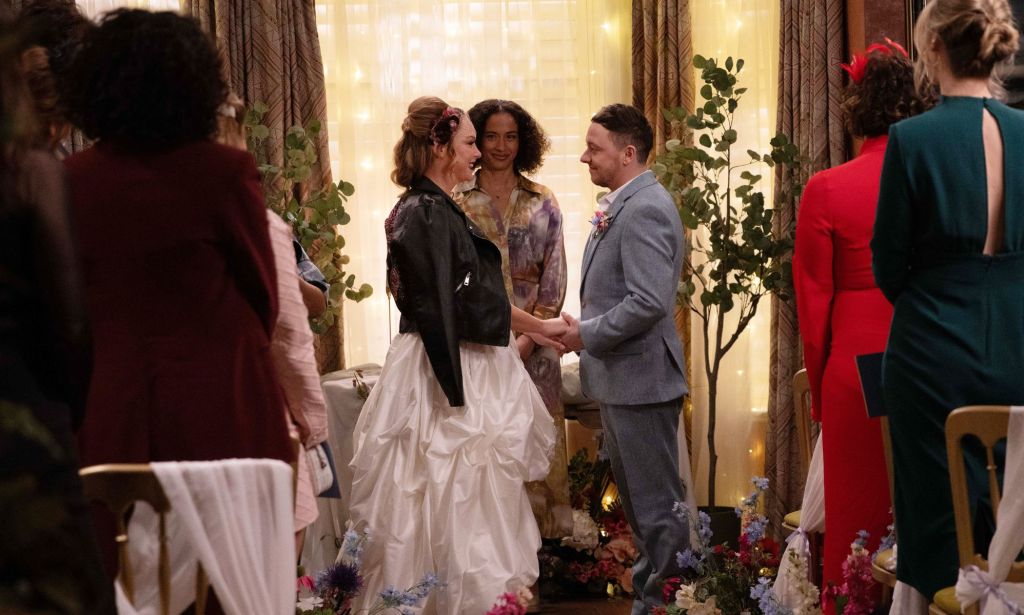 A still from ITV's soap opera Emmerdale showing trans character Matty, played by Ash Palmisciano, getting married to his fiancee Amy