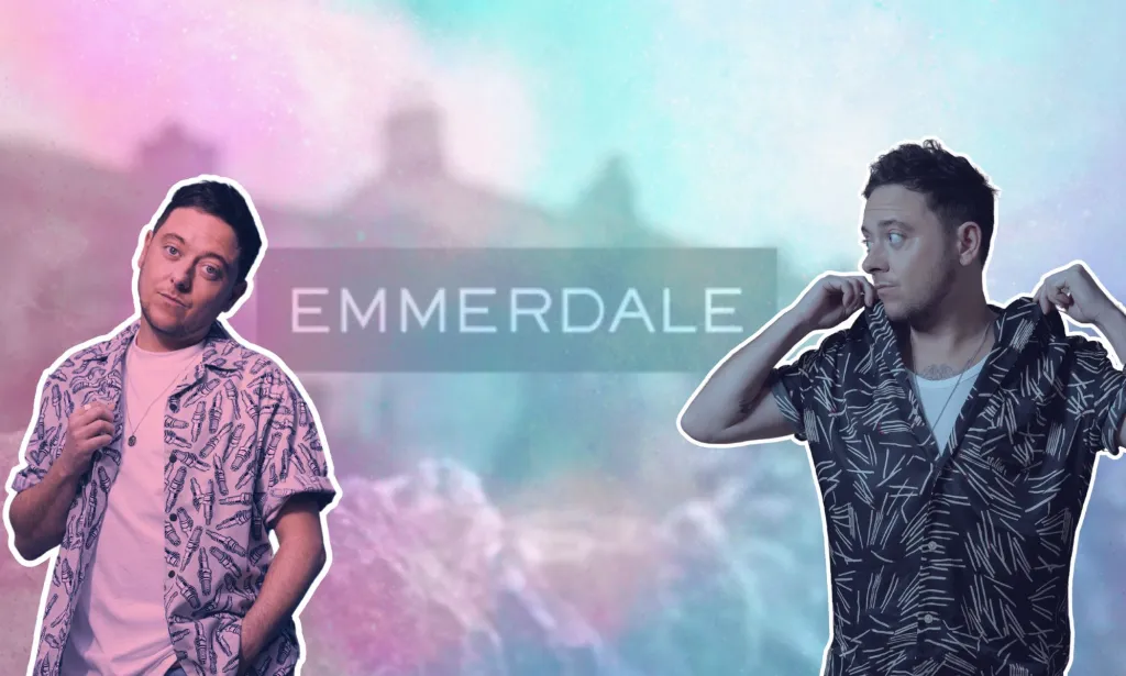 A graphic composed of a blue and pink gradient with the logo for ITV soap opera Emmerdale as well as photos of trans actor Ash Palmisciano