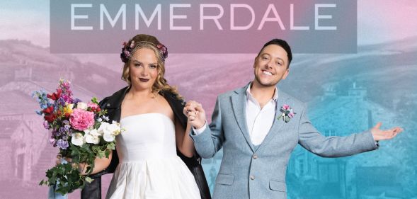 A graphic composed of a pink and blue gradient, the logo to ITV's soap opera Emmerdale and characters from the show Amy and Matty (played by Ash Palmisciano) getting married