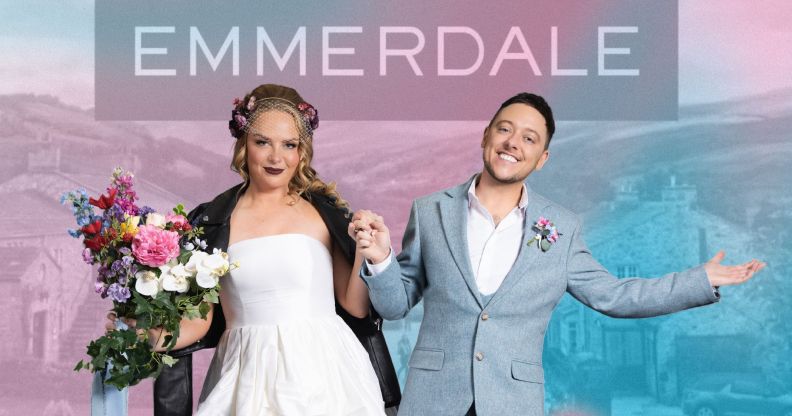 A graphic composed of a pink and blue gradient, the logo to ITV's soap opera Emmerdale and characters from the show Amy and Matty (played by Ash Palmisciano) getting married