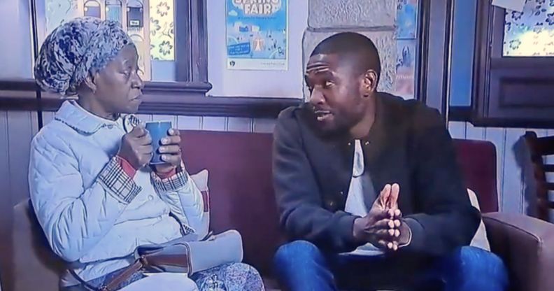 Screenshot of an Emmerdale clip shows Claudette speaking to grandson Ethan