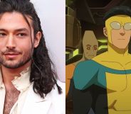 Ezra Miller (left) and a picture of Invincible in season two of the Prime Video animated superhero series. (right)