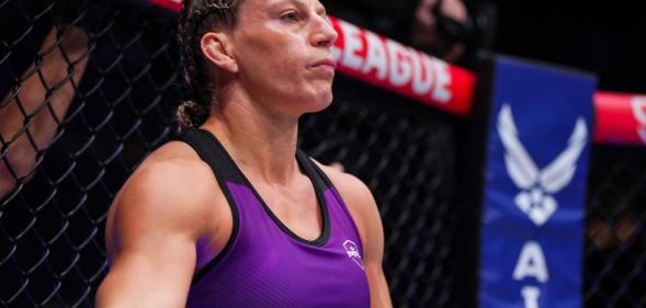 Kayla Harrison, who is not trans, pictured in the ring in November 2023 at the PFL championships. She is wearing a purple tank top.