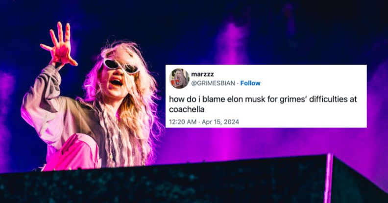 Grimes at Coachella with a screenshotted tweet superimposed that says "how do I blame Elon Musk for Grimes' dififculties at Coachella"
