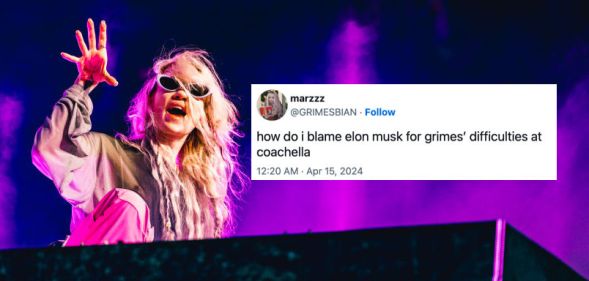 Grimes at Coachella with a screenshotted tweet superimposed that says "how do I blame Elon Musk for Grimes' dififculties at Coachella"