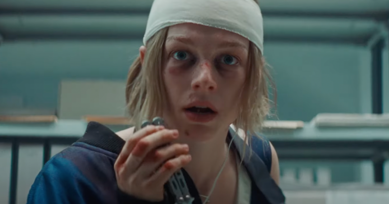 Hunter Schafer looks terrified with a bandaged head and bloody face in trailer for film Cuckoo.