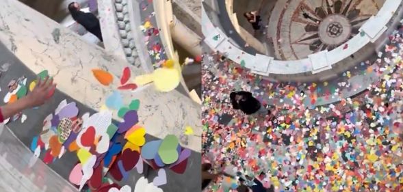 Thousands of paper and fabric hearts thrown on Idaho's state Capitol floor.