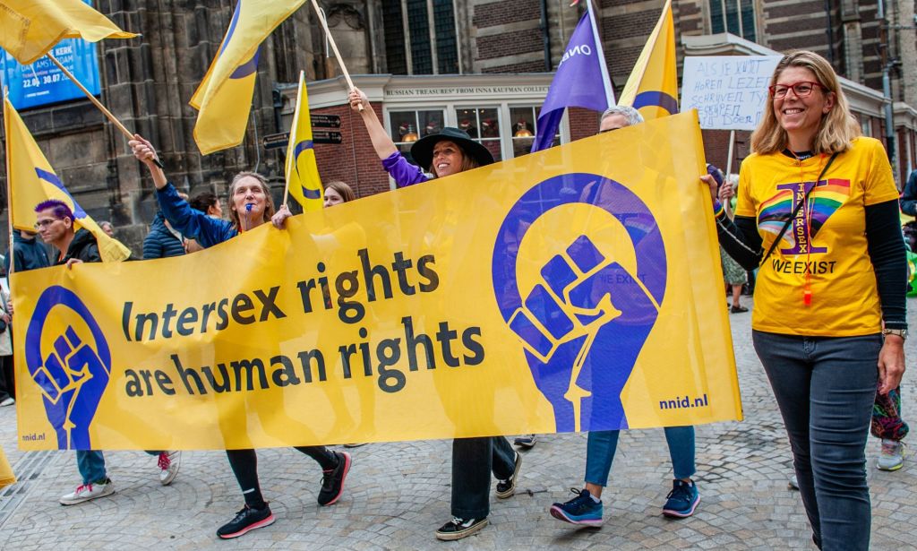 A protest group holding up a sign saying "intersex rights are human rights."