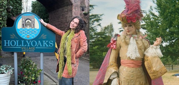 Iz Hesketh posing with Hollyoaks sign and in costume for Renegade Nell.