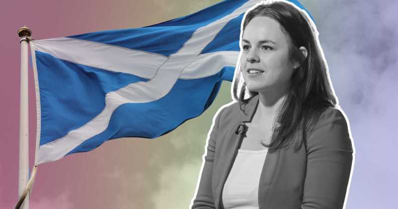 Photo shows Kate Forbes with a rainbow background and a Scotland flag