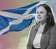 Photo shows Kate Forbes with a rainbow background and a Scotland flag
