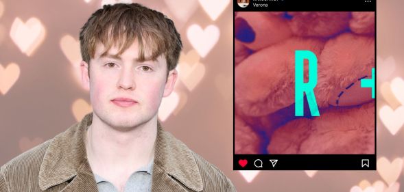 A graphic with a light pink heart background. In the foreground, Kit Connor is in a grey top and beige jacket, and there is a screenshot of his instagram page, on which he has posted a cryptic "R".