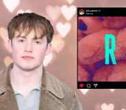 A graphic with a light pink heart background. In the foreground, Kit Connor is in a grey top and beige jacket, and there is a screenshot of his instagram page, on which he has posted a cryptic "R".