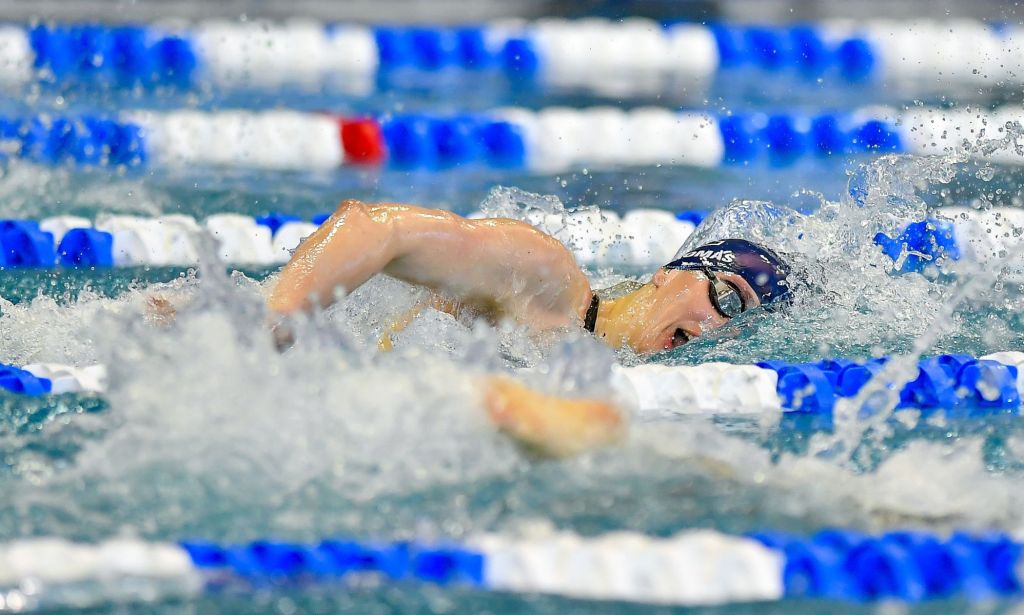 Trans swimmer, Lia Thomas, swimming during a competition.