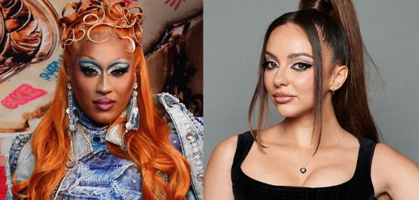 On the left, drag wueen Priyanka with a dark orange wig and denim jacket. On the right, Little Mix singer Jade Thirlwall in a black vest top and her hair in a high ponytail.