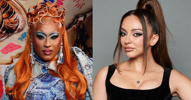 On the left, drag wueen Priyanka with a dark orange wig and denim jacket. On the right, Little Mix singer Jade Thirlwall in a black vest top and her hair in a high ponytail.