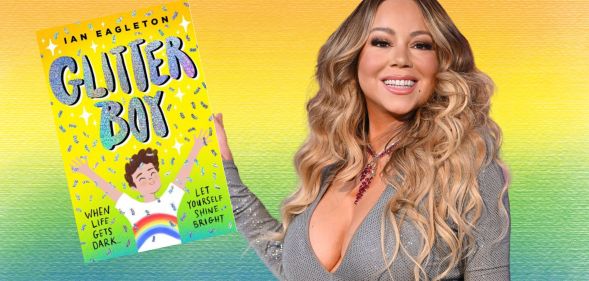 A photoshopped image that shows Mariah Carey holding a copy of LGBTQ+ book Glitter Boy, against a rainbow background.