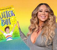 A photoshopped image that shows Mariah Carey holding a copy of LGBTQ+ book Glitter Boy, against a rainbow background.
